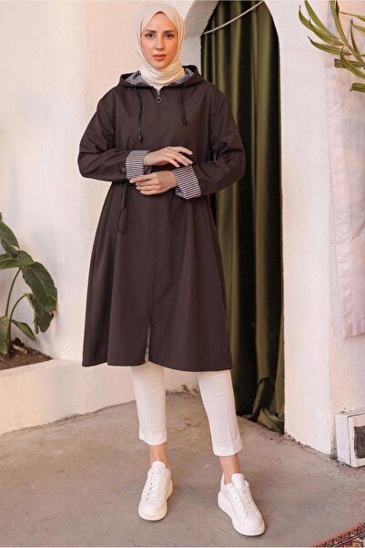 TRENDTESETTÜR KADIN KAHVE KAPÜŞONLU TRENÇKOT T 0602-1