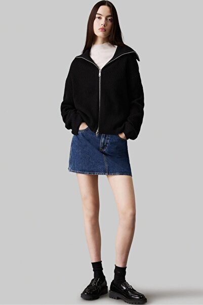 Calvin Klein Chunky Women's Cardigan Women's Loose Fit Zippered Turn-Down Collar Sweatshirt Black