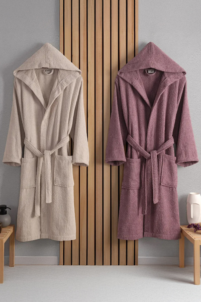 Lorateks Flora Bay&Bayan Pamuk 2'li Çizgili Kapüşonlu Bornoz Seti | Bornoz | ...