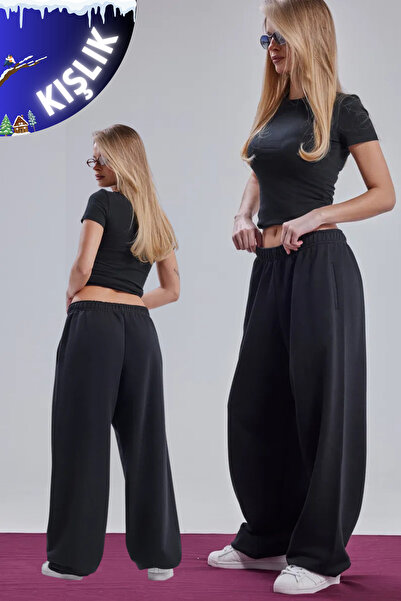 vladivosto Kışlık Siyah/Gri Ayarlanabilir İspanyol Paça Baggy Büyük Beden Ove...