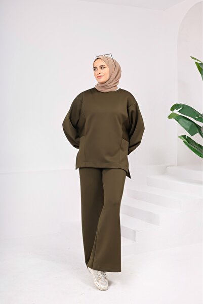 onlymoon Khaki Women's Scuba Fabric Suit ♦ Oversized Comfortable Fit ♦ Casual Stylish Outfit ♦ Trend Moda İkili