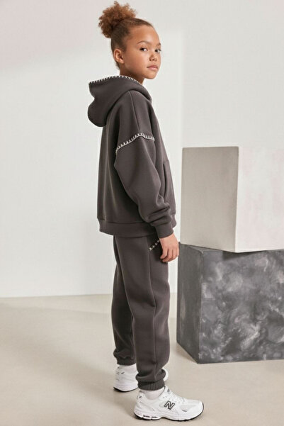 Minipodyum Kangaroo Pocket Hooded Girl's Bottom Top Tracksuit Set