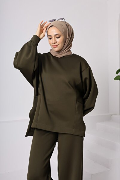 onlymoon Khaki Women's Scuba Fabric Suit ♦ Oversized Comfortable Fit ♦ Casual Stylish Outfit ♦ Trend Moda İkili