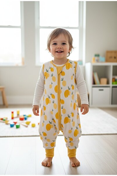 PAMUK HANIM بدلة نوم بدون أكمام للأطفال من الجنسين بسحاب وبدون ألياف / ليمون