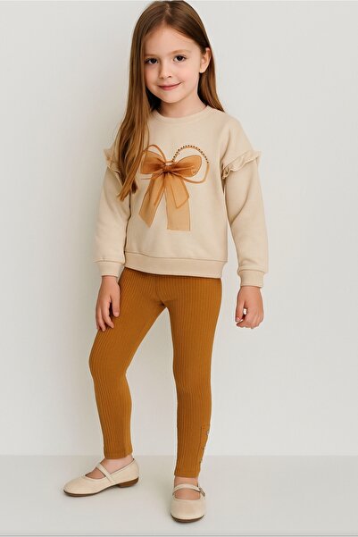 Via Girl's Bow Decoration Sweatshirt Wick Fabric Buttoned Leggings Set