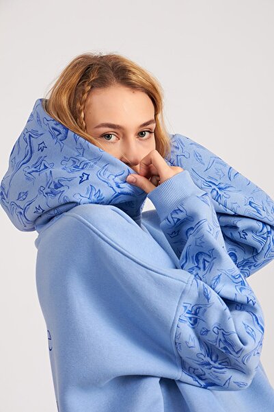 NİCE Mavi Kadın Melek Baskılı Oversize Kapüşonlu Kalın Kışlık 3 Iplik Kumaş Sweatshirt Hoodie Sweatshirt