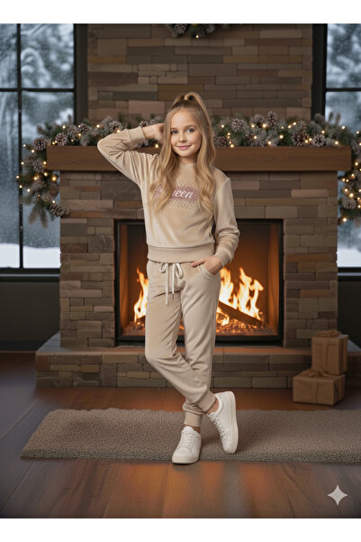 N.S.K NEWSTAR KİDS Children's Clothing French Velvet Fabric Stone Printed Hooded Girls' Tracksuit Set