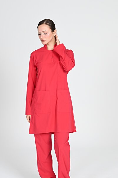 HEMİ طقم ملابس طبية من القطن باللون الأحمر قماش قابل للتمدد من Tesettür