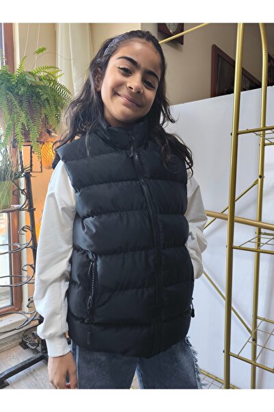 Şimo Butik Girls-Boys Children's Puffer Vest Lined Zippered Pocket Waterproof Wind Breaker Heat Insulated Black