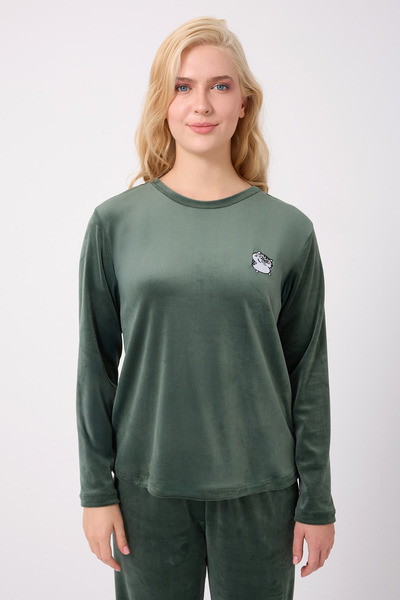 TURAY Stella Lauren Kadife Uzunkol Kadın Yeşil Pijama Takımı