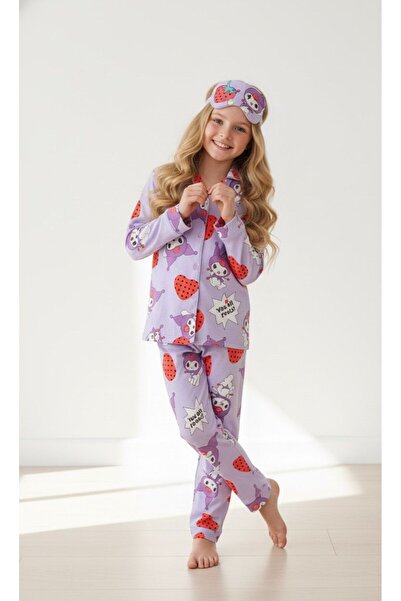 Beka Kids Kız Çocuk Önden Düğmeli Kuromi Desenli Pijama Takımı %100 Pamuklu Pijama Takımı Ve Göz Bandı