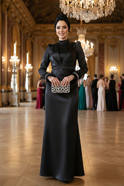 Neva Style Feather Detailed Black Hijab Evening Dress 50481S