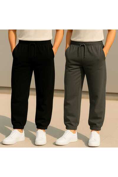 TREND ALİSSE Ανδρικό μαύρο ανθρακί παντελόνι φόρμας 2 τεμαχίων με άνετες τσέπες