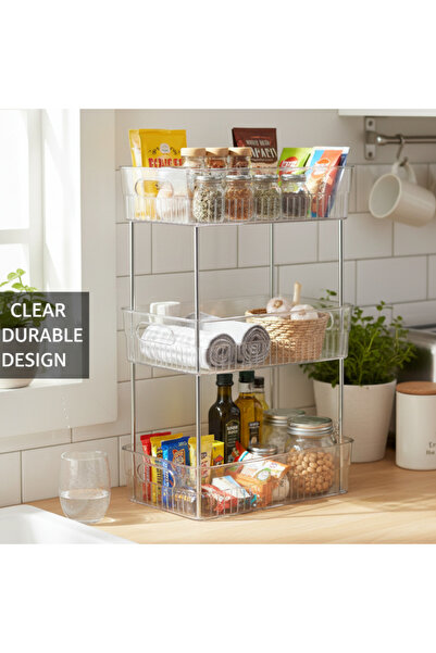 SUPPLIER 3-Tier Bathroom Storage Organiser, Makeup Organizer Shelf | Clear Plastic Shelves with Metal Poles