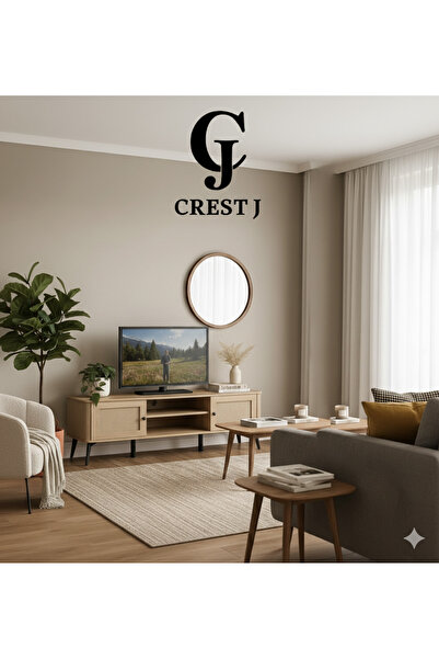 Crestj Wooden TV Table with Modern Design and Sliding Side Doors, Open Central Shelves, Wooden Color, Dimen