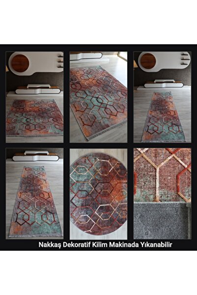 Just Arte Dekoratif Nakışlı Turuncu Salon Halısı Makinada Yıkanabilir Yeşil M...