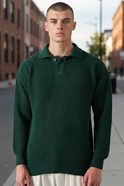 İLKCET MODA Collared Three-Button Emerald Ribbed Oversize Sweater
