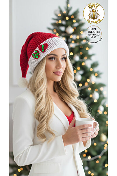 drt tasarım Beret New Year's Ornament Double Layer Pompom Red and White