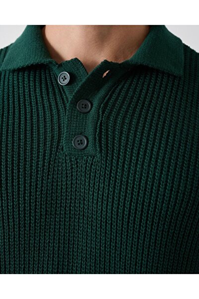 İLKCET MODA Collared Three-Button Emerald Ribbed Oversize Sweater