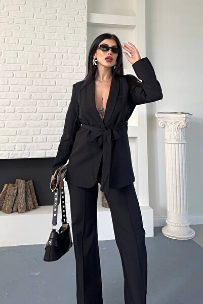 AKD Atelier Women's double belted blazer jacket pants set