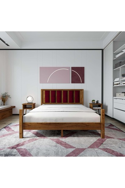 RENAZZO Orion Model Bordo Puflu Başlıklı Ceviz Renk Çam Ahşap Karyola