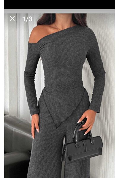 GenelTedarik Anthracite Women's Top and Bottom Off-The-Shoulder Pants - Blouse Set