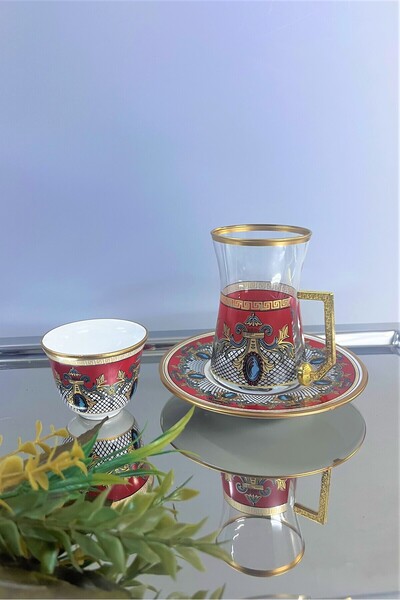DECOSTYLE Baroque Red Patterned Porcelain Plate 6-Piece Tea Set - Stylish Presentation for 3 People