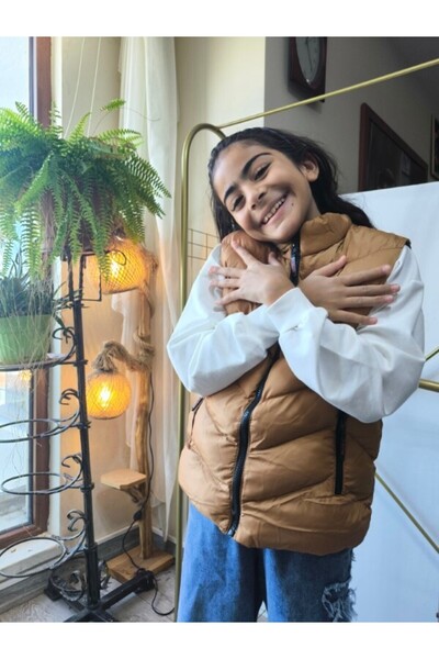 Şimo Butik Girls-Boys Inflatable Vest with Lining, Zippered Pockets, Water-Repellent, Windbreaker, Heat Insulated, Bronze Tan