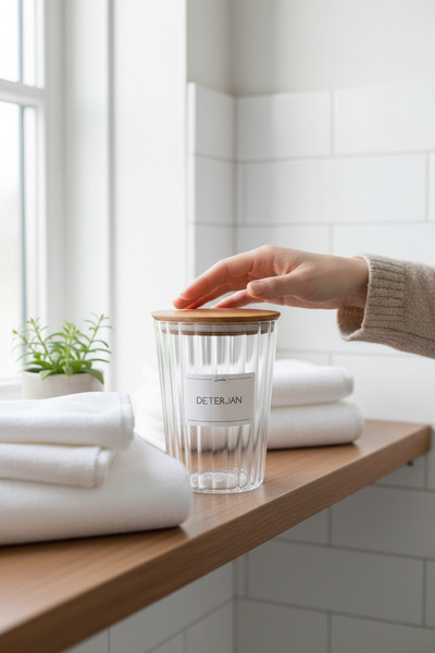 zezedesing Овален буркан за перилен препарат на райета с дървен капак 2200 мл