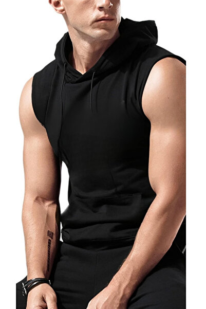 RUTBİL SPORTS Kapşonlu Fitness Atleti -GYM Fitness Tank Top -Boks Antrenman Atleti -Koşu Egzersiz Atleti Siyah