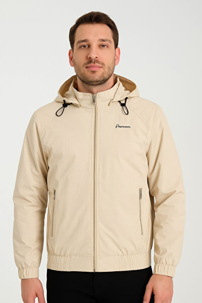 DYNAMO Men's Stone Color Detachable Hooded Pockets Zippered Lined Seasonal Thin Raincoat Coat