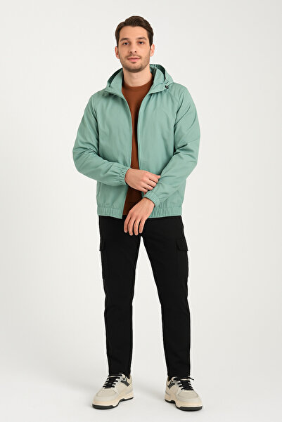 DYNAMO Erkek Açık Mint Çıkarılabilir Kapüşonlu Cepleri Fermuarlı Astarlı Mevsimlik İnce Yağmurluk Mont