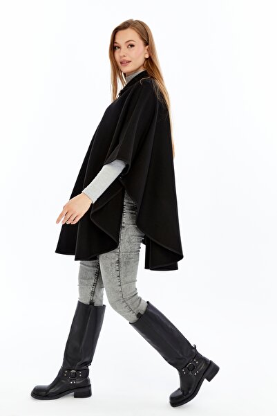 panşalço Hakim Collar Zippered Knitwear Poncho, Steel Knit, Black, Size 40-50, 83X120 Cm,