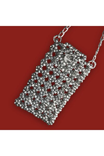 Las Perlas Gri Gümüş Renk Kristal Boncuk Tasarım Telefonluk Çapraz Askılı Cüzdan Telefon Çantası