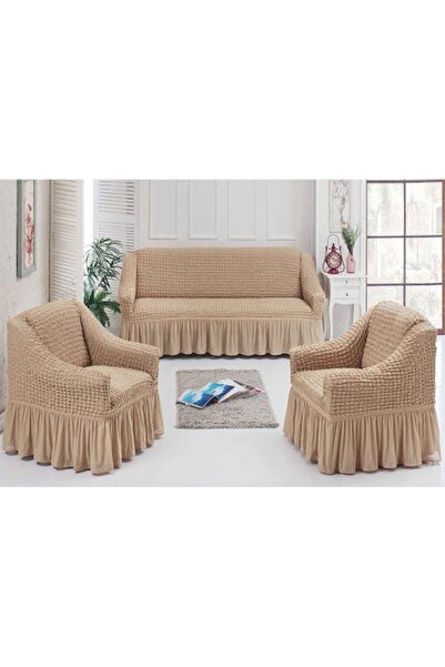 ARTUÇ Set de huse de scaun din bumbac Bürümcük (3-1-1) Husă de canapea pentru scaun cu fustă (CULOARE NISIP)