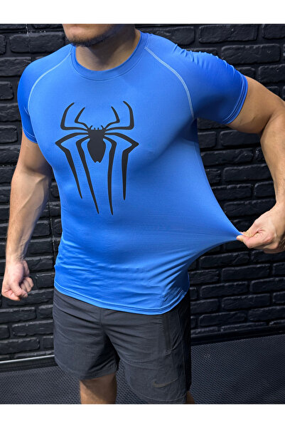 YHM Erkek Dar Spor Tişört Compression Spiderman Baskılı Esnek Body Mavi
