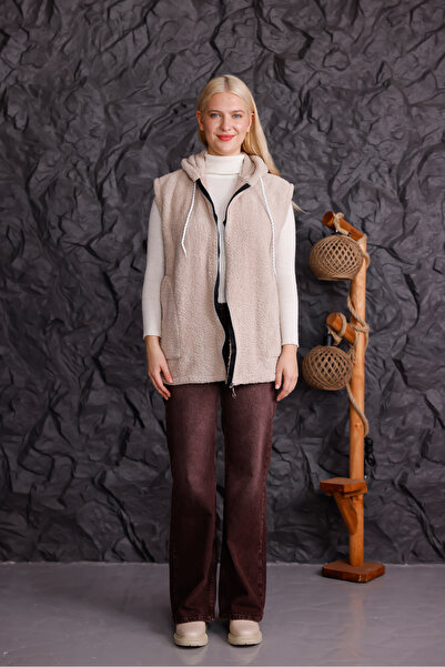 trendlina Oversize Fermuarlı Kapüşonlu Peluş Yelek