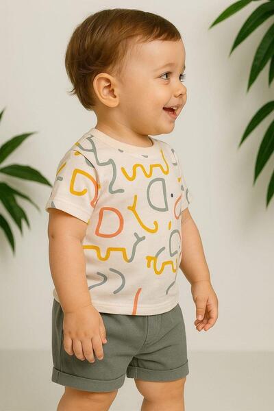 dinamik çocuk Baby Boy Elephant Patterned Colorful Elephant 2-Piece Summer Set Top and Bottom 6-9-12Months