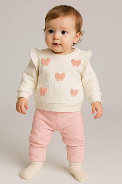 dinamik çocuk Kız Bebek Süzene Fiyonk Nakışlı Omuzdan Çıtçıtlı Bebek Takımı 2...