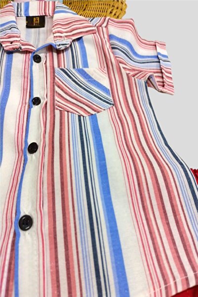 dinamik çocuk Boy's Colorful Striped Summer Short Sleeve Shirt with Satin Shorts 2-Piece Set Holiday Set/Full Fit