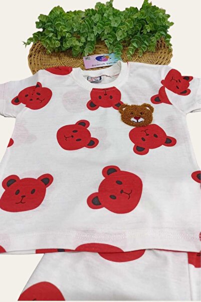 dinamik çocuk Ayıcıklı Nakışlı Çocuk Erkek/Kız 2'li Alt Üst Takım Unısex Yazlık İnce Kısa Kollu