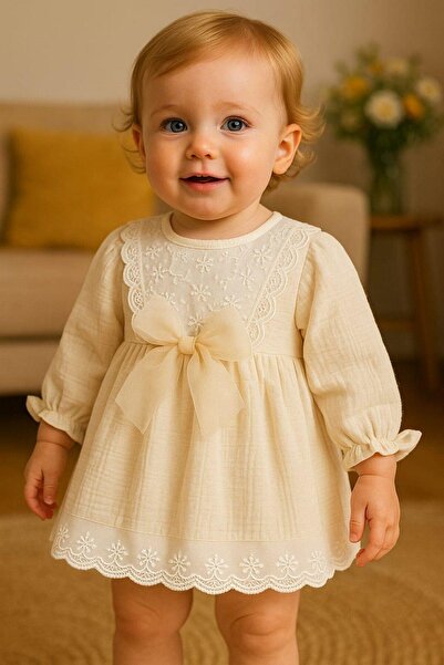 dinamik çocuk Kız Bebek Dantel Detaylı Elbise Tül Fiyonklu Uzun Kollu Mevsiml...