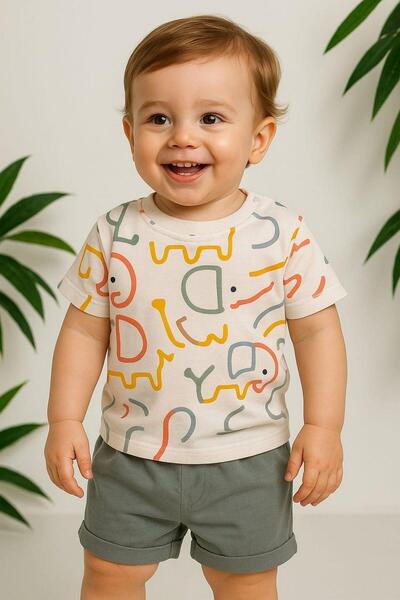 dinamik çocuk Baby Boy Elephant Patterned Colorful Elephant 2-Piece Summer Set Top and Bottom 6-9-12Months