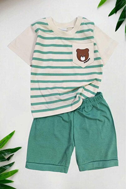 dinamik çocuk Baby Boy Striped Pocket Teddy Bear 2-Piece Summer Suit Top and Bottom 6-9-12Months