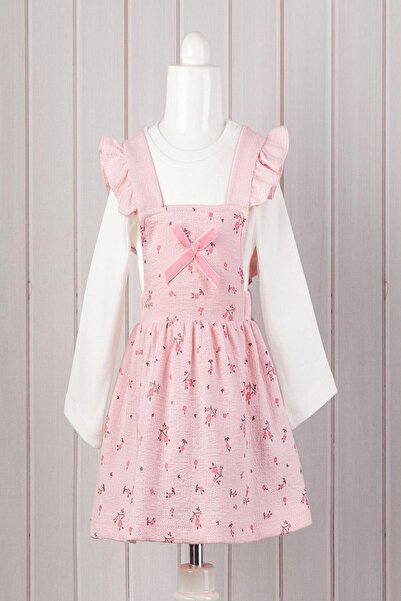 dinamik çocuk Kız Bebek Çiçek Desenli Fiyonklu Elbise Badili 2li Takım Uzun Kollu İçlikli 3-6-9-12-18-24ay