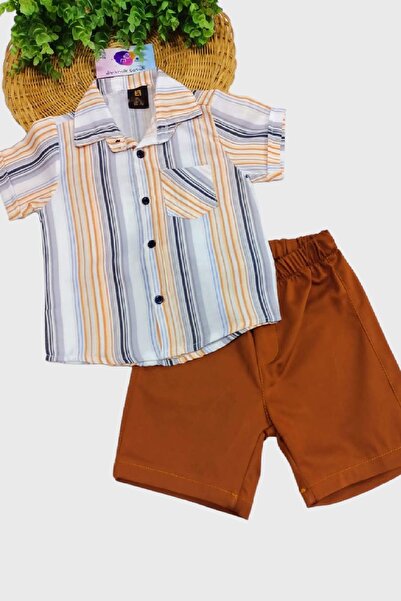 dinamik çocuk Erkek Çocuk Renkli Çizgili Yazlık Kısa Kollu Gömlek Saten Şortlu 2li Takım Bayramlık Takım/tam Kalıp