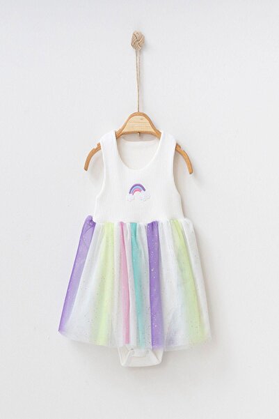 dinamik çocuk Rainbow Patterned Tulle Dress Top with Ribbed Sleeveless Summer...
