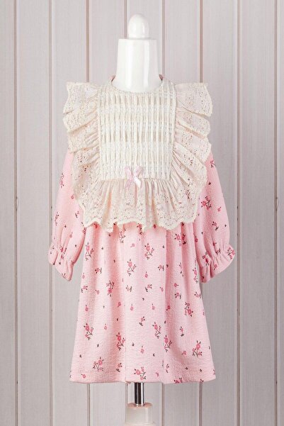 dinamik çocuk Kız Bebek Dantel Yaka Detaylı Vintage Çiçek Desenli Elbise Mevsimlik Şık Model 3-6-9-12-18-24ay