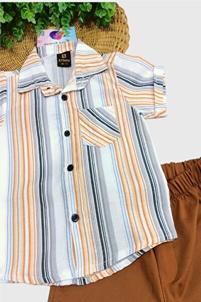 dinamik çocuk Erkek Çocuk Renkli Çizgili Yazlık Kısa Kollu Gömlek Saten Şortlu 2li Takım Bayramlık Takım/tam Kalıp