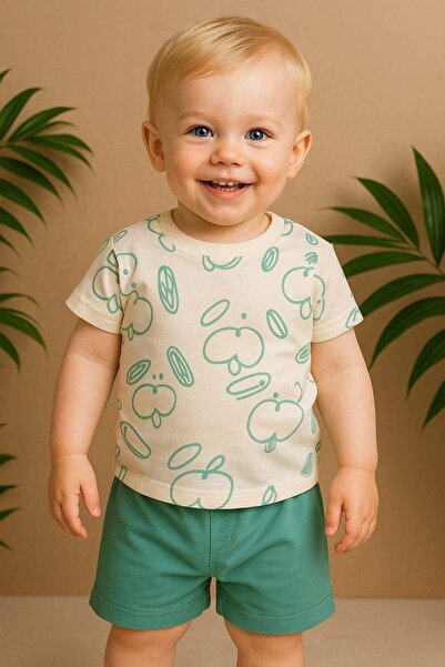 dinamik çocuk Baby Boy Dog Patterned Dog 2-Piece Summer Suit Top and Bottom 6-9-12Months